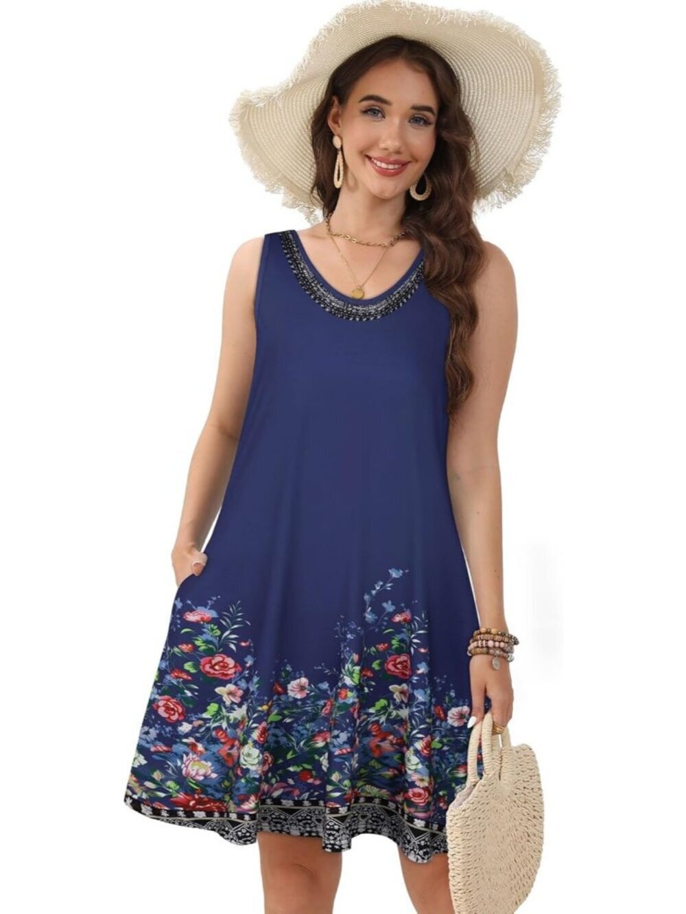 Women's Navy Blue Floral Casual Sleeveless Loose T Shirt V Neck Swing Mini Dress - Picture 2 of 6